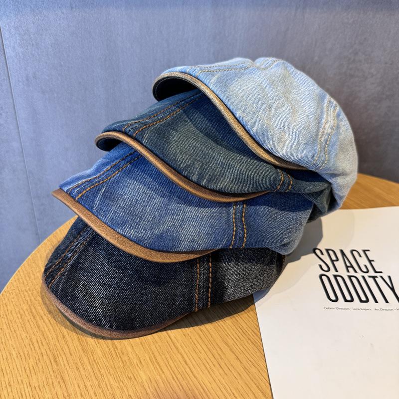 New Washed Old Retro Denim Splicing Octagonal Hat Literary Small Fresh Fashion Painter Hat Tide