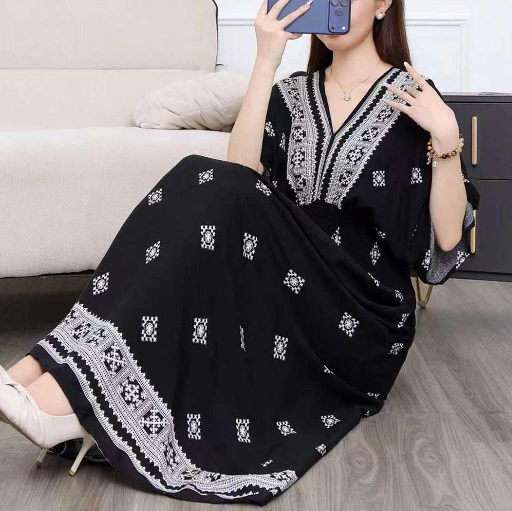 26-Year Floral V-Neck Cotton Silk Batwing Sleeve Beach Dress - Thailand Travel & Vacation Skirt Style