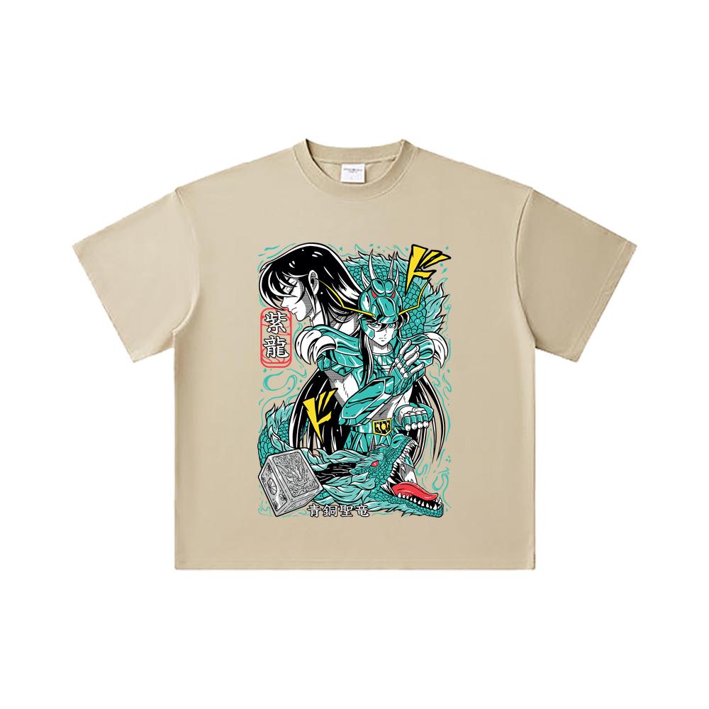 260 GSM Double Yarn 32 Count 100% Cotton Saint Seiya V8 Shiryu Print Unisex Heavy Cotton T Shirt