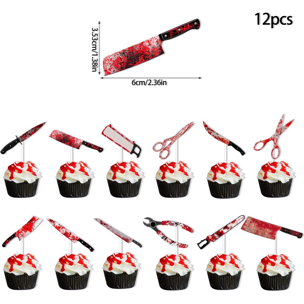 Halloween Cake Toppers – Bloody Knife & Cleaver Paper Flags for Spooky Party Cupcakes, Desserts, and Treats Decoration