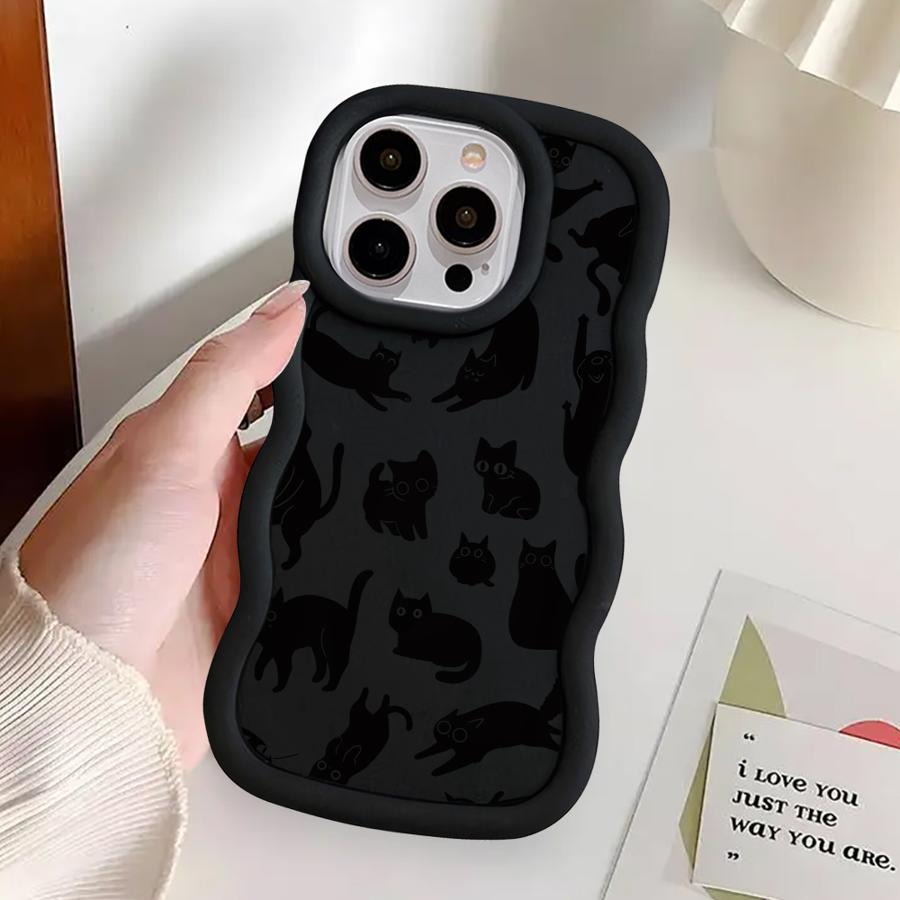 Black Cat Cartoon Soft Phone Cover Case for iPhone 16 Pro Max 11 17 Air 15 Plus 12 14 8 XR 13