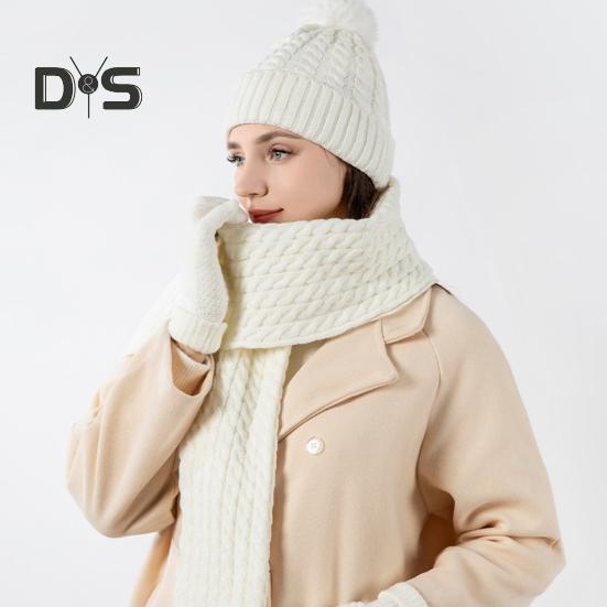 3 Pcs/Set Unisex Winter Hat Scarf Gloves Set Thick Knitted Ear Protection Cap Gloves Stretchy Plush-lined Windproof Winter Dome Beanie Neck Wrap Set