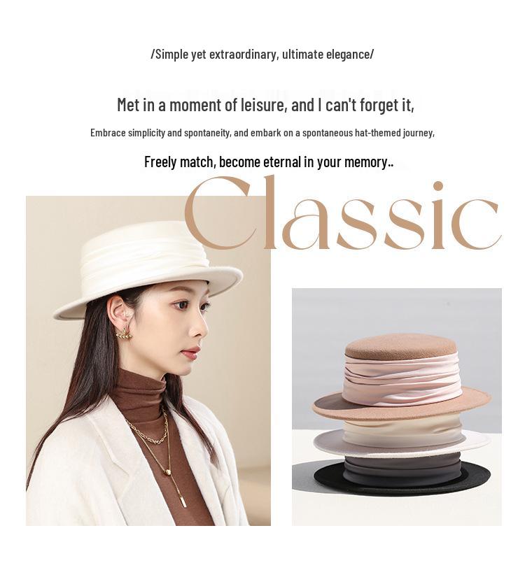 2026 Women's British Retro Wool Felt Hat - Autumn/Winter Flat Top, Brimmed, Casual Design