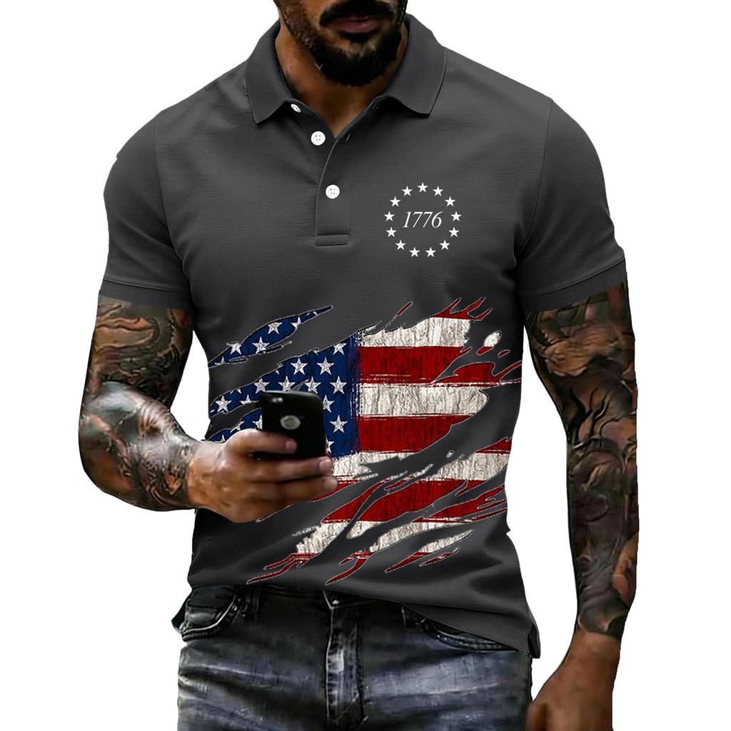 Men's Loose Fit Casual Polo Shirt Short Sleeve Flag Print 1776 Graphic Design Button Collar Summer Top