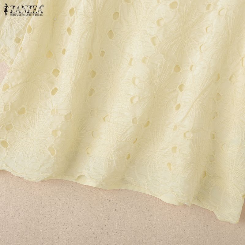 ZANZEA Women Casual Round Neck Short Sleeve Hollow Crochet Patchwork Blouse
