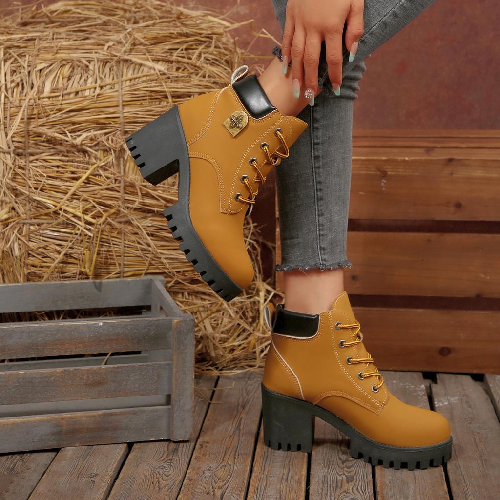 2025 New Short Heel Elegant Women's Lace-up Non-Slip Ankle Boots