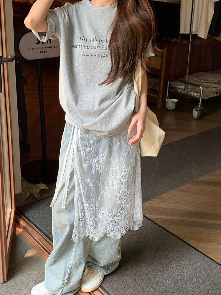 Celebrity-Inspired Floral Lace Layered Midi Skirt with Tie-Up and Split Design