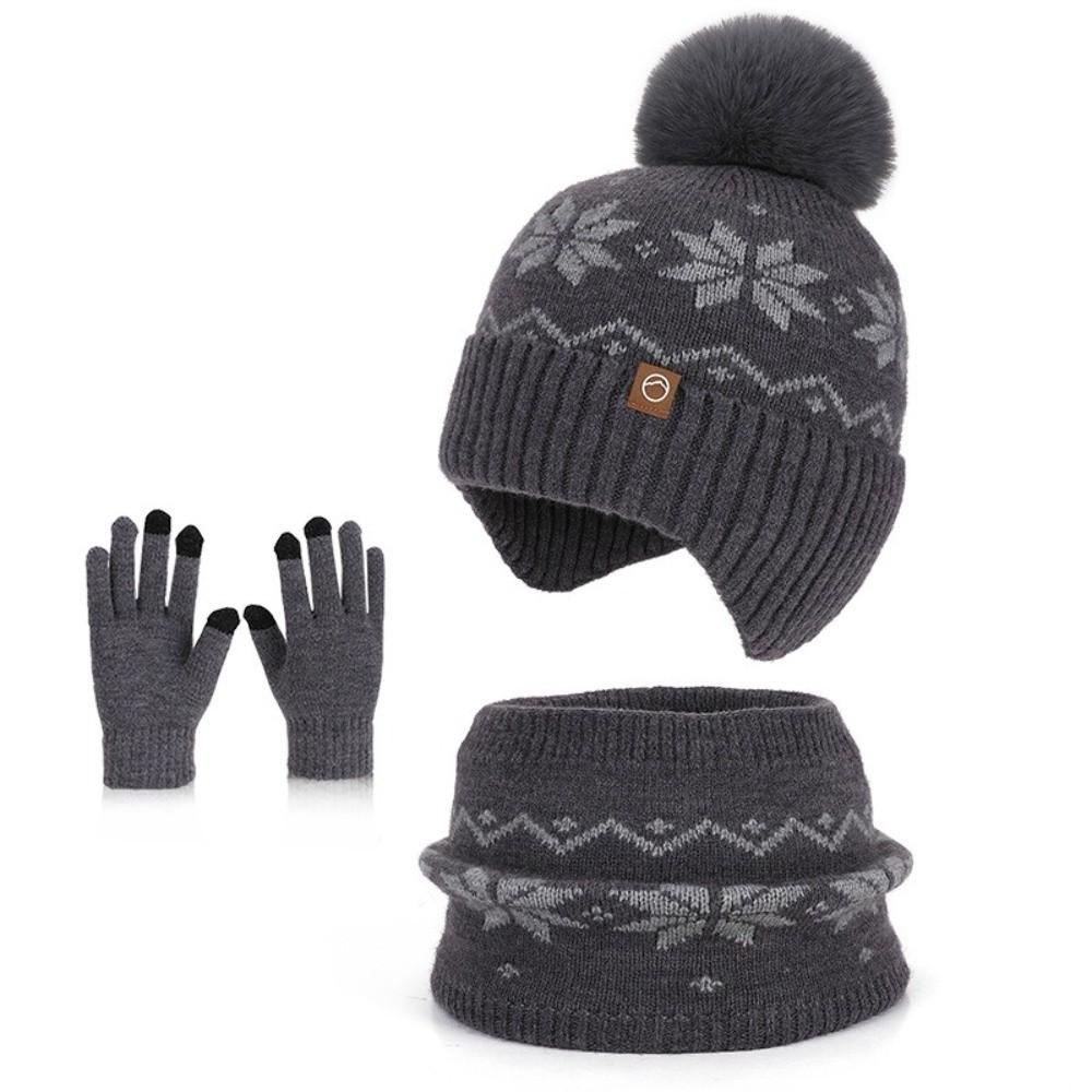 Polyester Winter Knitted Hat Warm Ear Flap Kids Snowflake Beanie for 2/3 Piece Set For Boys Girls