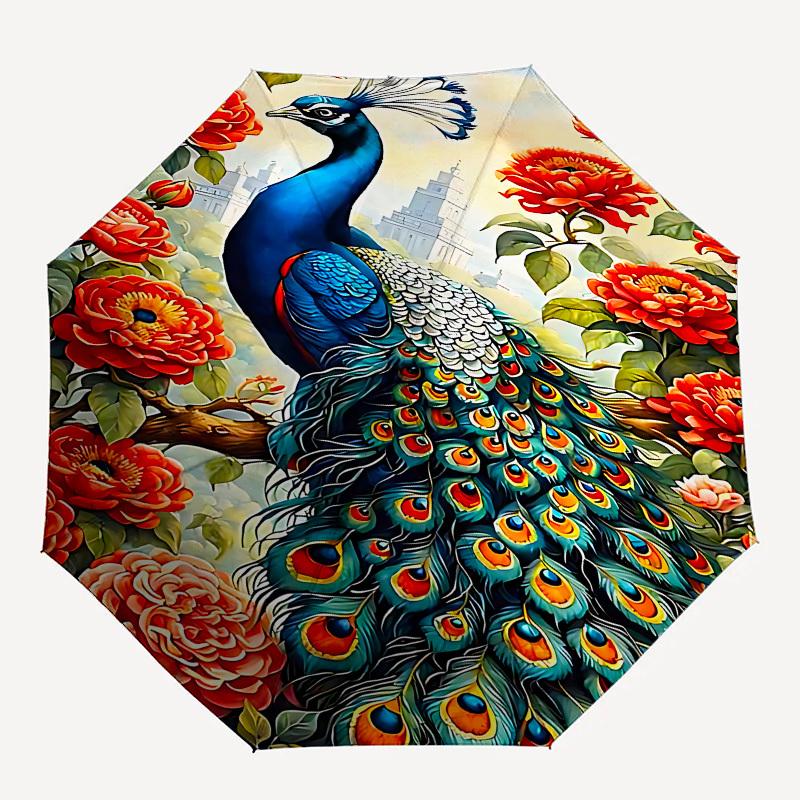 

1pc peacock flowers umbrella with 8 iron ribs and a plastic handle, automatic opening and closing, and daily use.1028