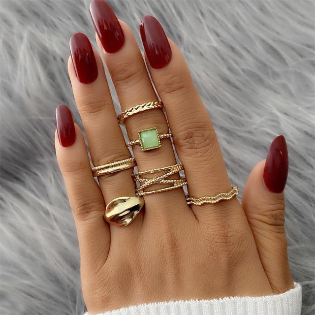 Sada prstenů s českým zlatým řetízkem pro ženy Fashion Boho Coin Snake Moon Rings Dárkové šperky Party Trend