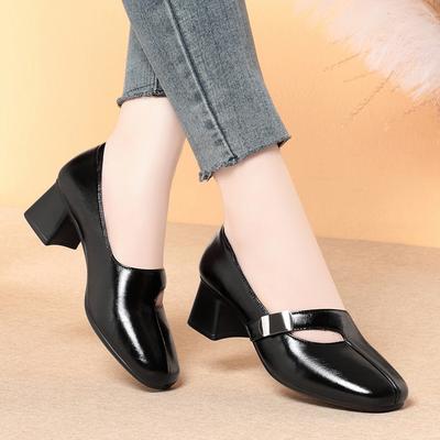 Shallow Single Shoes Women's Soft Soles, Thick Heels Fashionable Middle-aged Women's Leather Shoes One Pedal Women's Shoes