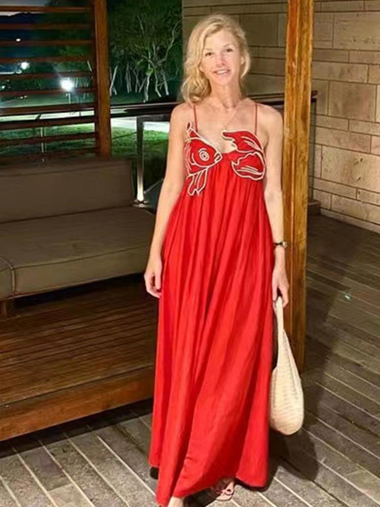 Красная вышивка в форме рыбы Женские платья свободный бретель без рукавов спинки — фото 4