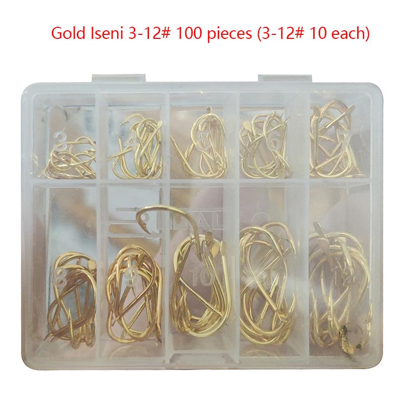 100Pcs Gold Iseini Fishing Hooks 100Pcs/Box Black Tube Payment Iseini Pressure Shank W/ Circle/Barbs