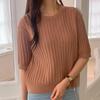 New Arrivals Open Run Round Neck Short Sleeve Knit Ribbed Basic Cashmere Pintuck