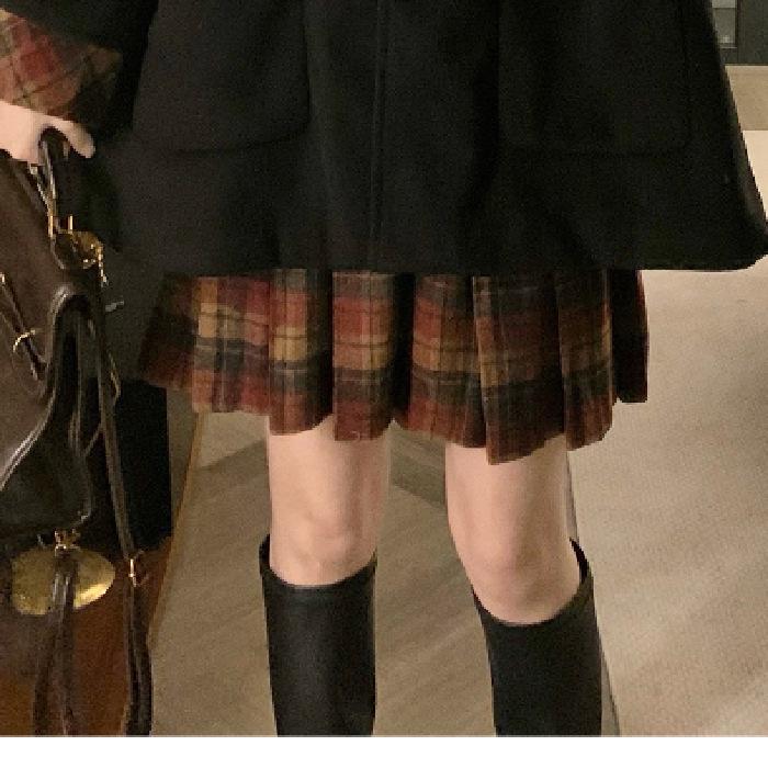 

Women s Petite Wool Coat & Plaid Skirt Set - College Style JK Autumn/Winter Collection Small