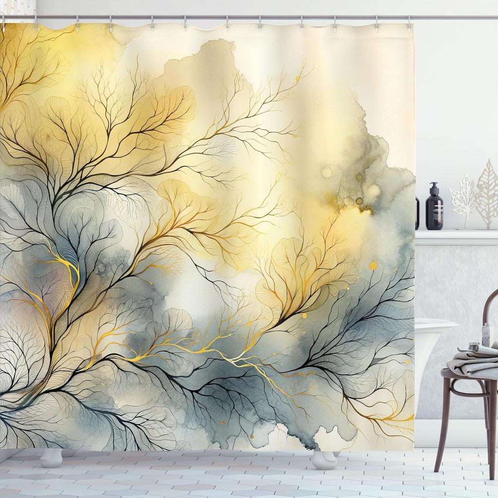 Ambesonne Yellow Shower Curtain, Autumnal Melancholy Leafless Branches On Dreamy Watercolor Look Back, Cloth Fabric Bathroom
