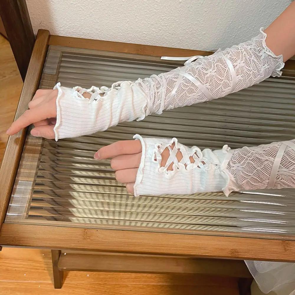 Women Lolita Jk Lace Fingerless Gloves Black Gothic DIY Strapping Sunscreen Sleeve Clothing Accessories Elastic Mesh Gloves 2055