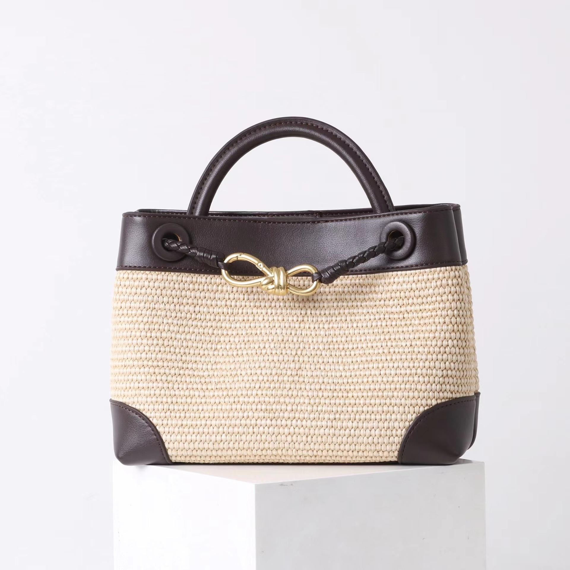 

2025 New Butterfly Knot Hardware Rope Lafite Grass Collared Leather Handbag Fashion Single Shoulder Crossbody Bag Vacation Armband 25cm кавовий