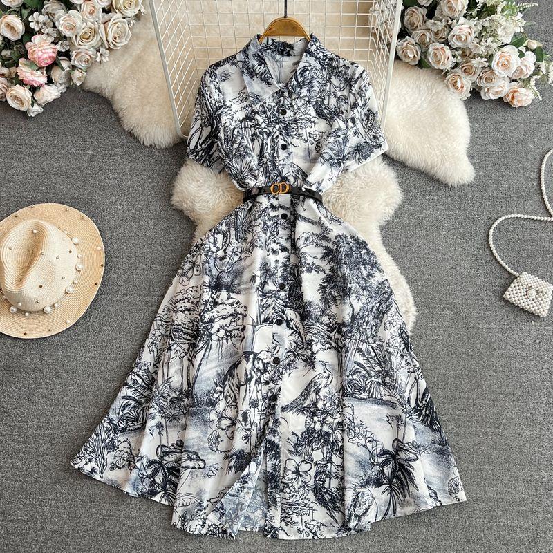 

Ink Painting Print Dress Elegance Large Swing Short Sleeve Black L