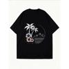 Vintage Black Oversized T-Shirt with Palm Tree, Hibiscus & Mountain-Moon Print – Tropical Minimalist Line Art Casual Top