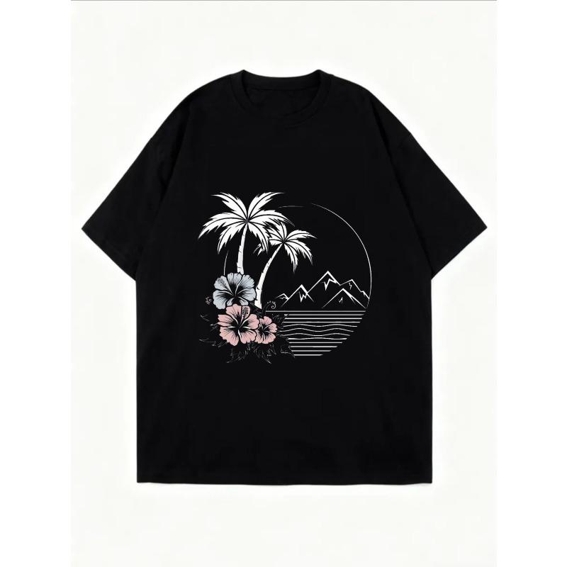 Vintage Black Oversized T-Shirt with Palm Tree, Hibiscus & Mountain-Moon Print – Tropical Minimalist Line Art Casual Top