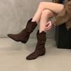 Coarse Heel Khaki Suede Pile Medium Knight Boots Women's Boots 2025 Autumn and Winter Pointed V-mouth Skinny Short Boots