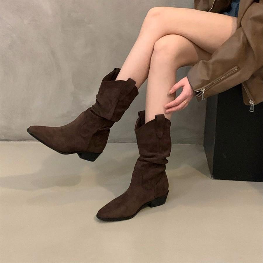 Coarse Heel Khaki Suede Pile Medium Knight Boots Women's Boots 2025 Autumn and Winter Pointed V-mouth Skinny Short Boots
