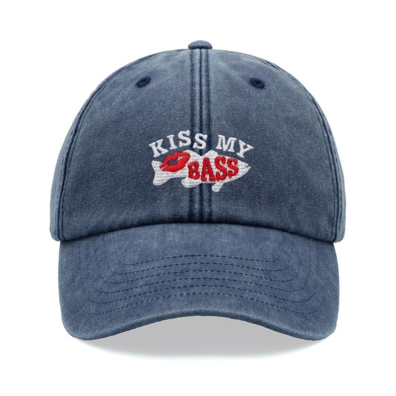 1pc "Kiss My Bass"leisure Unisex Baseball Cap,outdoor Windproof Vintage Washed Dad Skull Hat Suitable for Fishing,holiday,tralve
