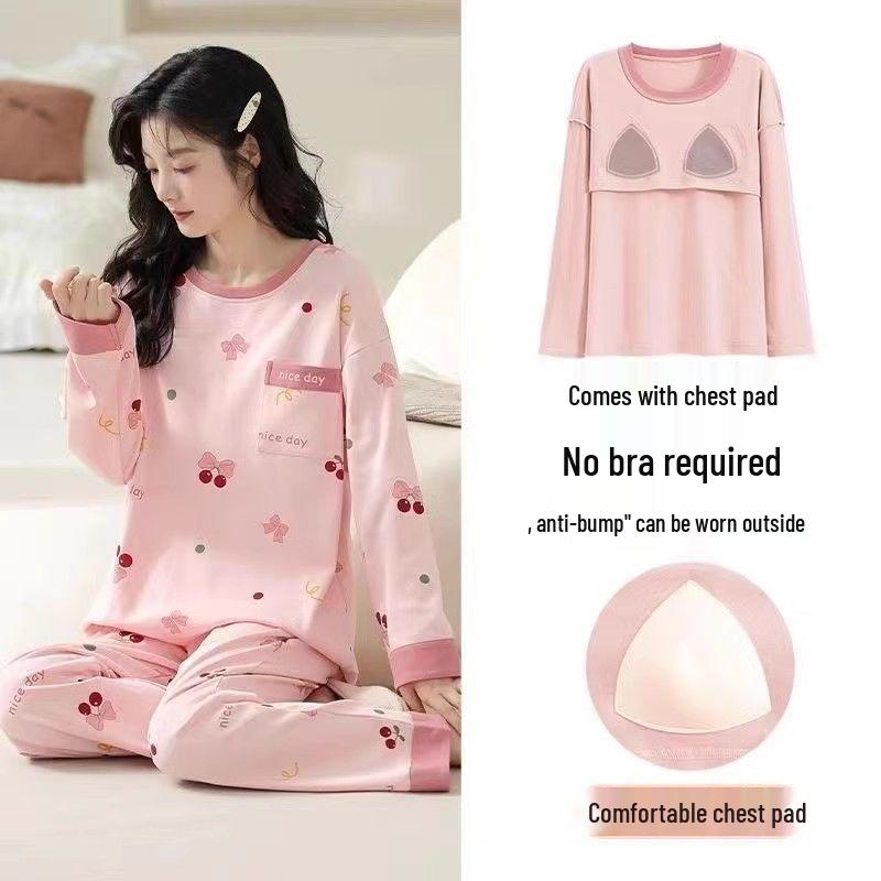 Women's Korean Style Cartoon Long Sleeve Casual Home Set with Chest Pads