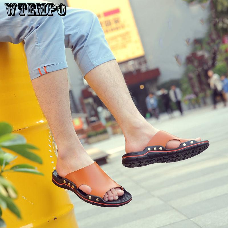 Men's Leather Slippers Artificial Soft Leather Flat Sole Patchwork Color Casual Comfort Simple Summer New Fashion