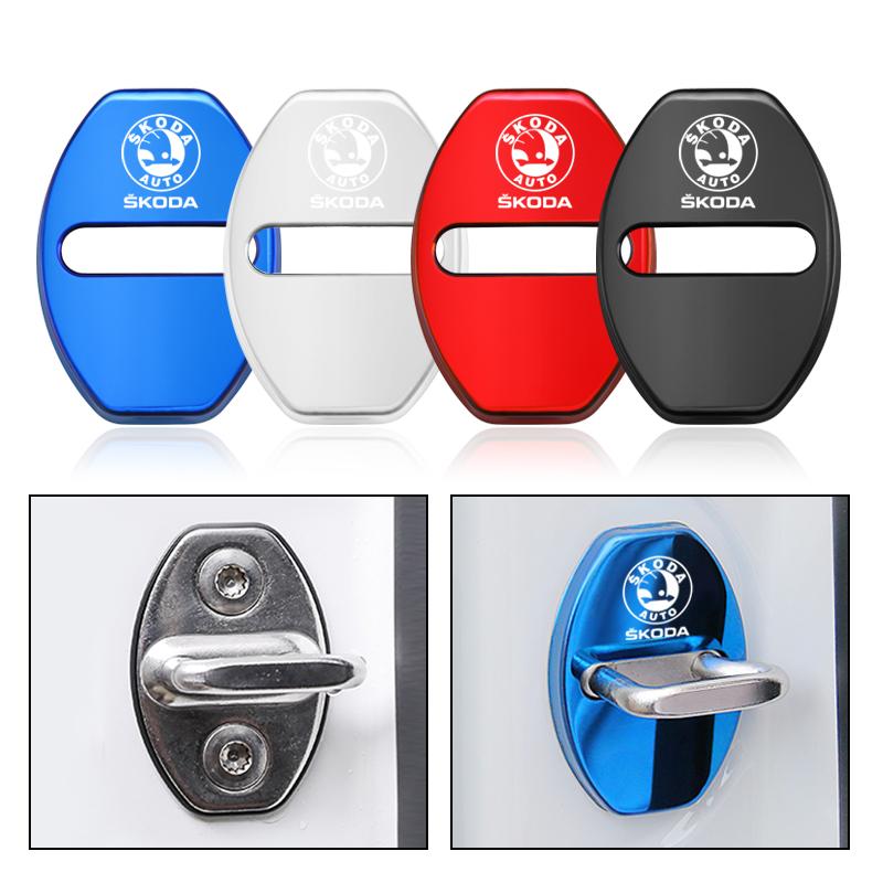 4Pcs Car Door Lock Buckle Protector Covers Stickers Accessories For Skoda Octavia Kodiaq Superb Fabia Yeti Citigo Rapid Karoq A7 NG1
