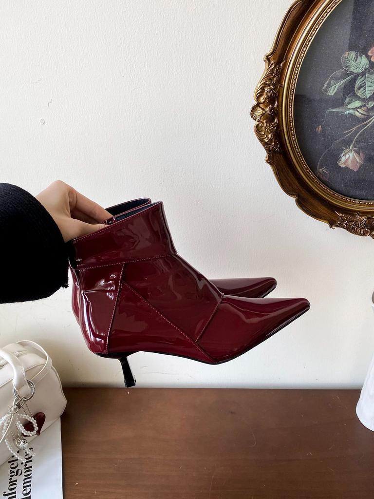 2025 autumn and winter new patent leather pointed thin heel short boots women's high heel glossy fashion thin boots women's boots