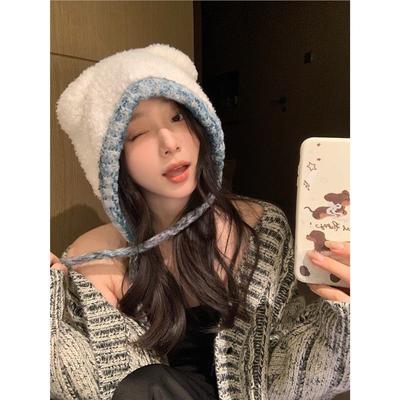 Sweet Little Bear Ear Protector For Women'S Autumn And Winter Travel, Cold Proof Tied Plush Hat, Big Head Circumference, Cute Woolen Hat