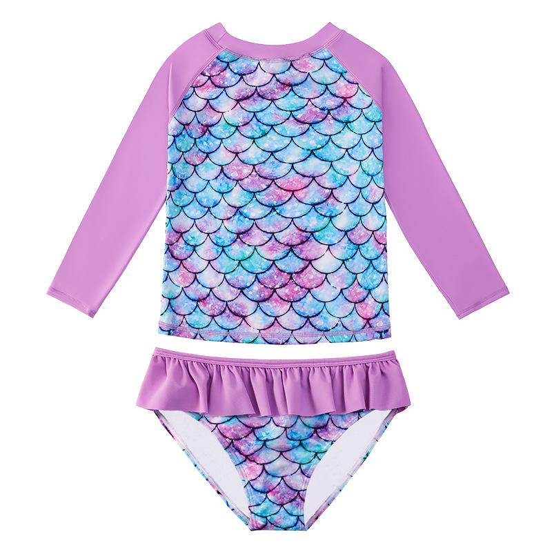 Girls' Long Sleeve Fish Scale Swimsuit Set with Sunscreen Protection