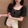New Style Short-sleeved Spliced puff Sleeves Ice Silk Women's Slim Square Collar Knit Top