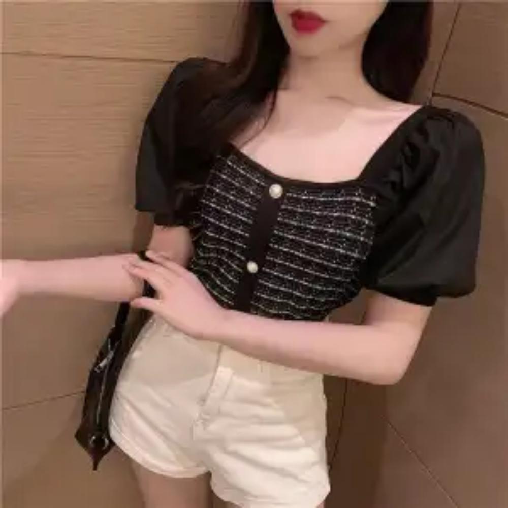 New Style Short-sleeved Spliced puff Sleeves Ice Silk Women's Slim Square Collar Knit Top