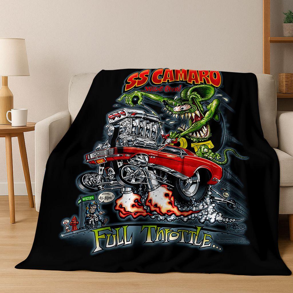 3D Buntowniczy RAT FINK Samochody Znak Kreskówkowy Koc Flanelowy, Ciepły i Przytulny Miękki Koc Rzutowy do Domu Sypialni Łóżka Sofy Pokrycie Piknikowe