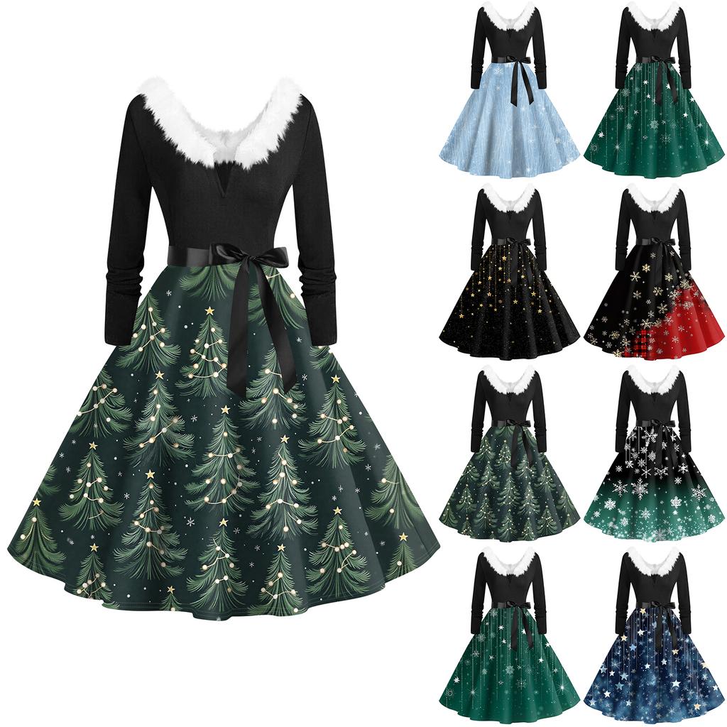 Women's Fashion V-Neck Casual Slim Christmas Printed Long Sleeve Hair Collar Dresses