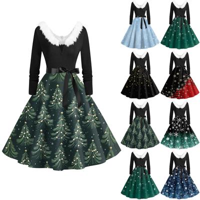 Women's Fashion V-Neck Casual Slim Christmas Printed Long Sleeve Hair Collar Dresses