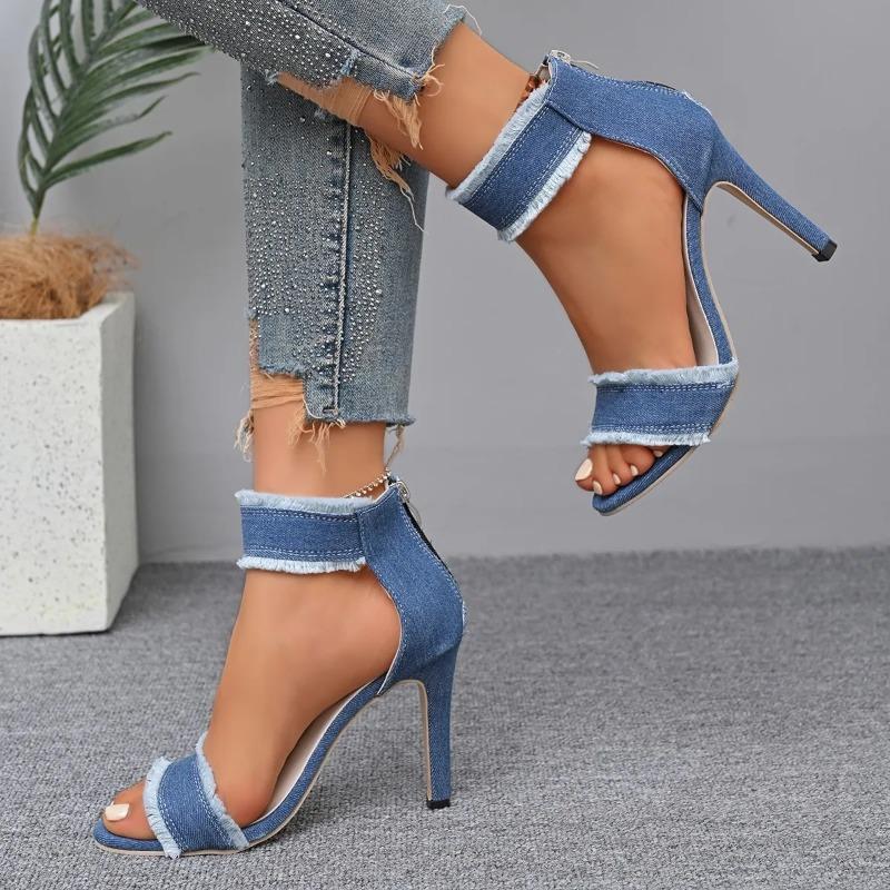Fashion 2025Spring Summer  Sexy Sandals  Blue Denim Ankle Strap High Heels Shoes Sexy Female Peep Toe Sandals  Shoes for