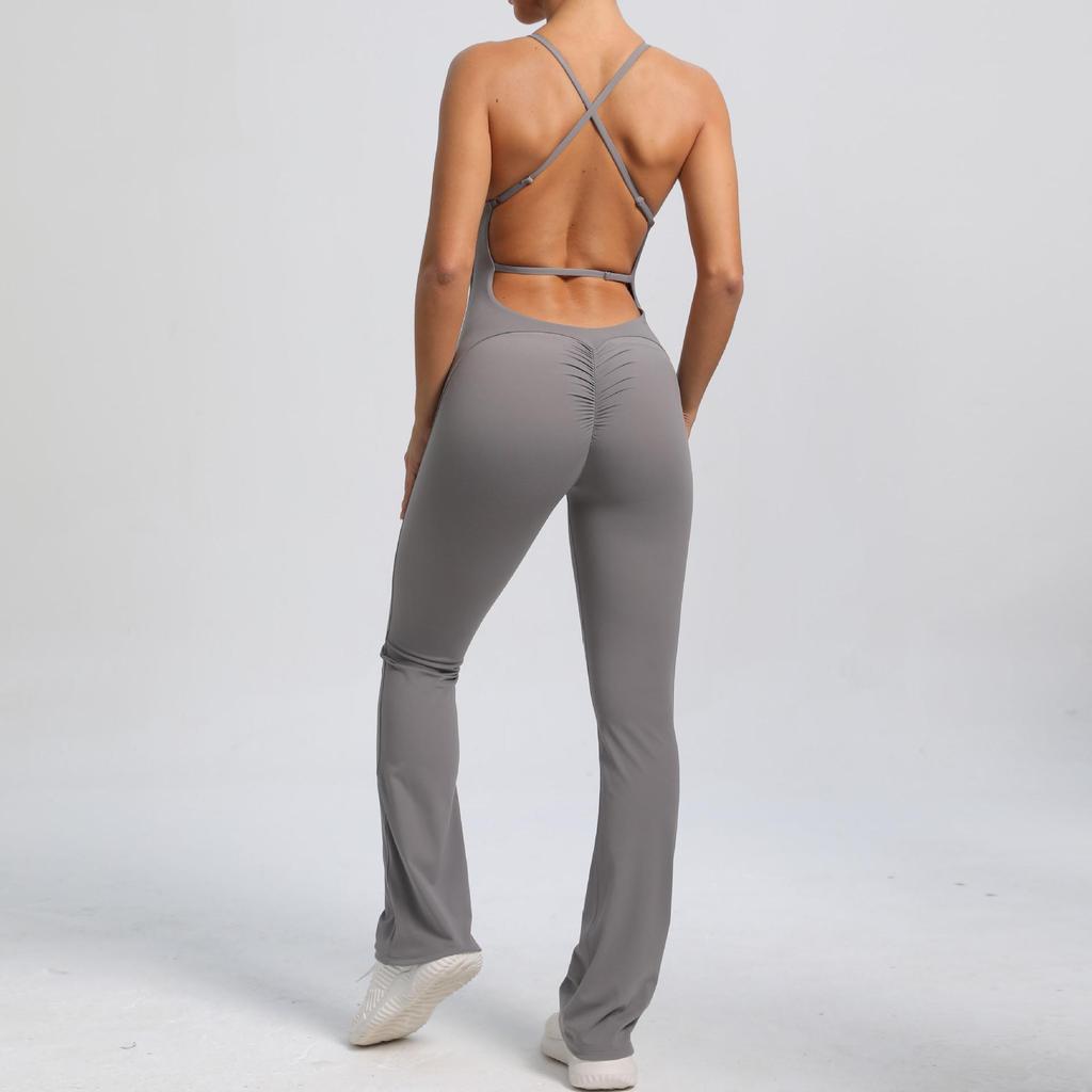 Adjustable Strap Flare Bodysuit Yoga Wear - European & American Sports Fitness Jumpsuit