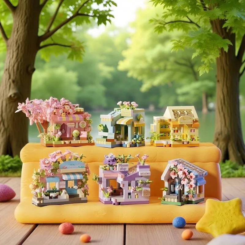 Coffee Ice Cream Flower Shop Store Street View Food House Constructing Blocks Kit Mini Assembly Bricks Kids Plaything Girls Model