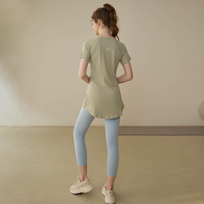 Sommer Modisch Einfarbig Rundhals Damen Slim Fit Lauf-T-Shirt Yoga Lang Geschnitten Hüftbedeckendes Workout-Top