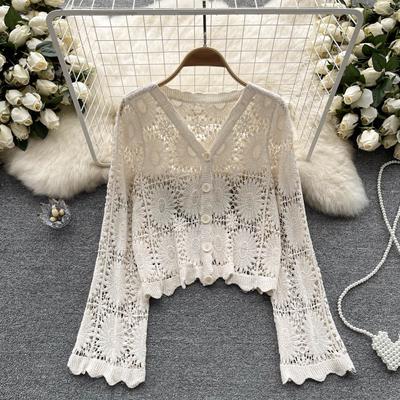 Καλοκαιρινό Αντηλιακό Κομψά Πλεκτά Καρδίγκαν με Φλοράλ Σχέδια Γυναικεία V Λαιμόκοψη Μακριά Μανίκια Vintage Χαλαρό Πλεκτό Τοπ Μόδα Παραλία Διακοπές Casual Μπλούζα