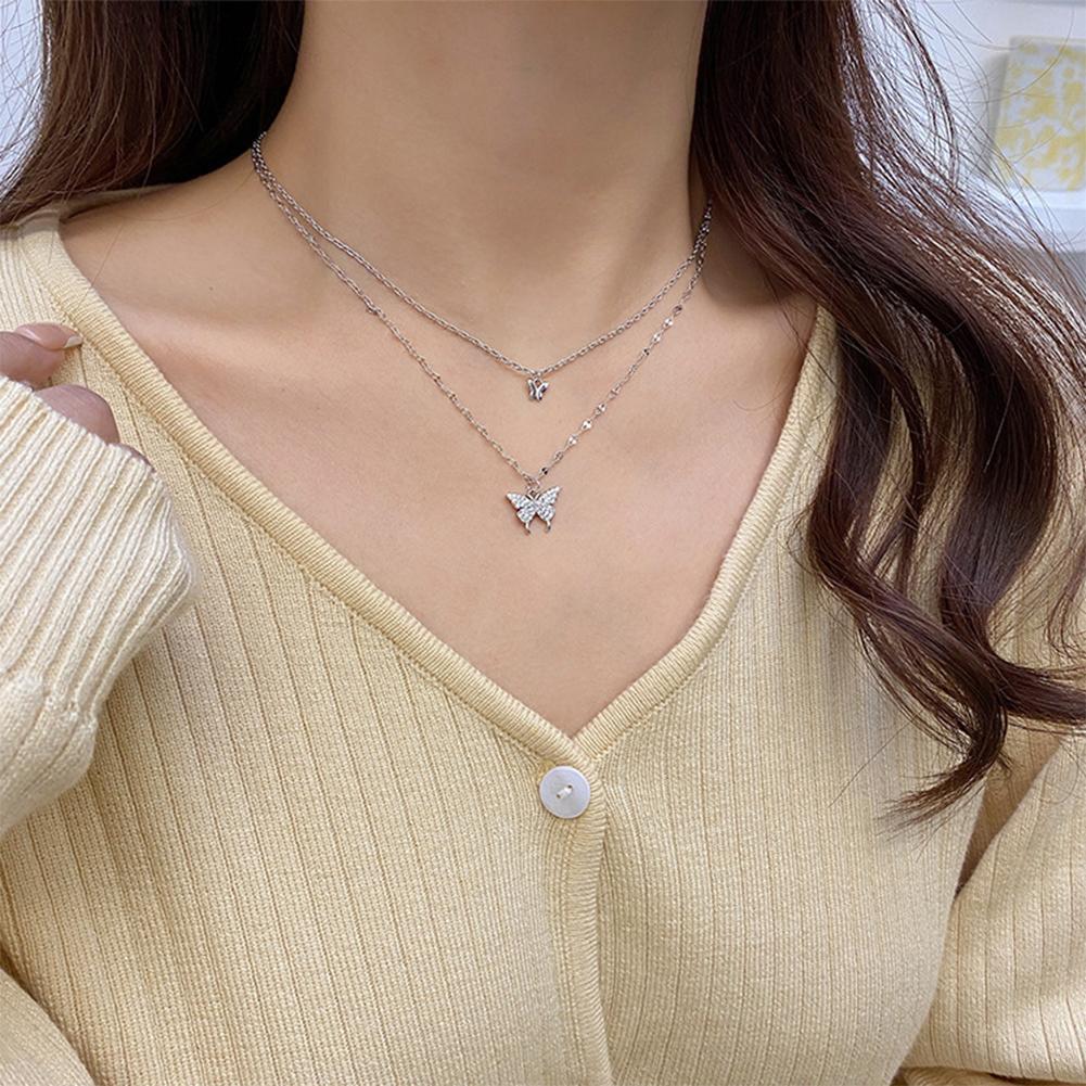 Double Layer Butterfly Pendant Necklace Clavicle Chain Sparkling Diamond Double Layer Alloy Necklace Women Jewelry Gift