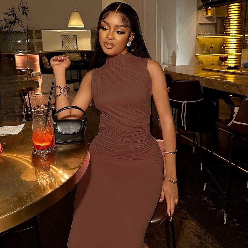 American Sexy Elegant Office Lady Skirt Pure Color Ruched Sleeveless Fashion Elegant Bodycon Slim Looking Dress