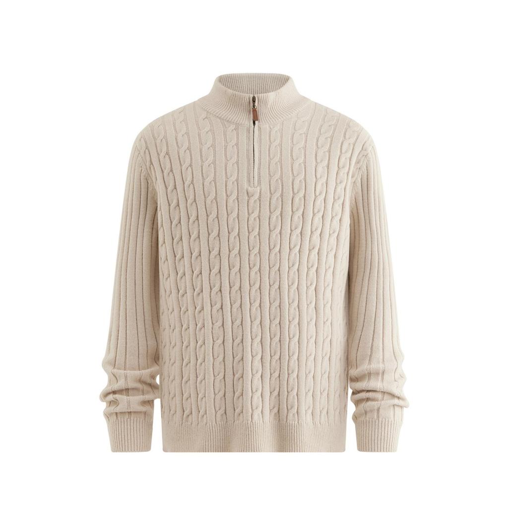 Suéter de Malha com Zíper Meio para Homens, Gola Alta em Ponto Trançado, Roupa de Inverno