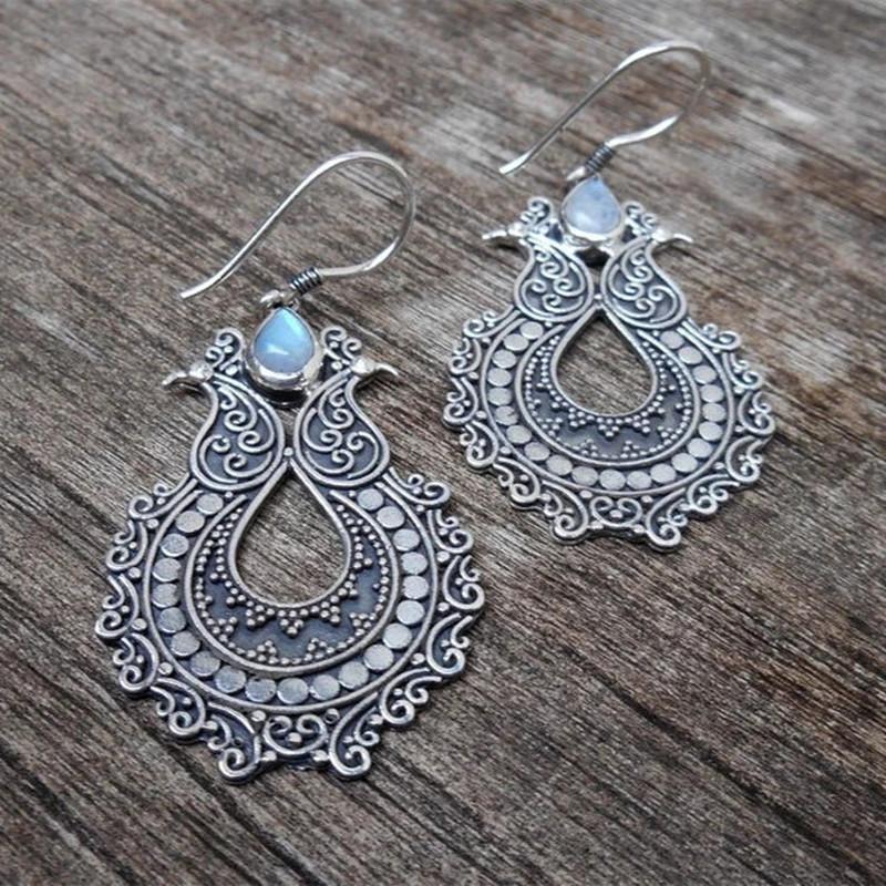 Vintage copper Color Metal Hand Carving Patterns Hook Earrings for Women Jewelry Water Droplet Inlaid Stone Dangle Earring