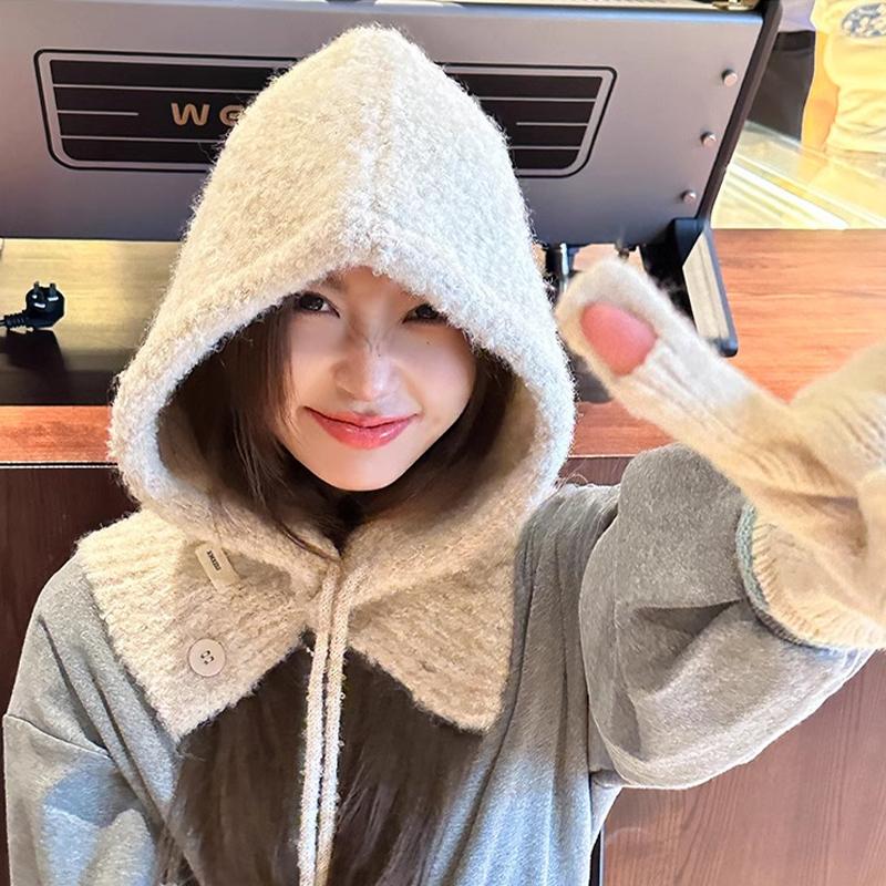 Korean Style Hat Scarf Women'S Autumn And Winter Warm Ear Protection Hooded Scarf Knitted Wool Hat