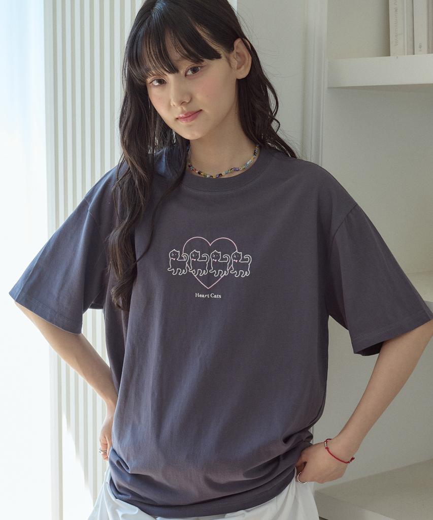 CPGN STUDIO Cat'S Heart Chain Embroidered Short Sleeve T-Shirt Charcoal